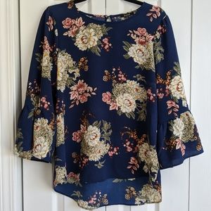 Navy Blouse with Floral Print M/L